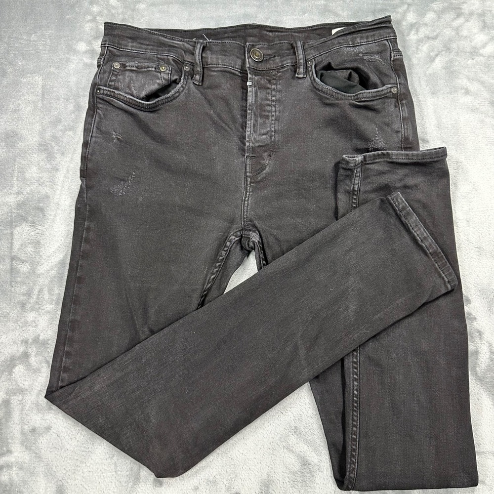 AllSaints Cigarette Skinny Jeans Mens 32 Washed Black Distressed Button Fly